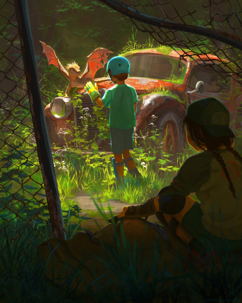 art of a kid looking at a dragon on a car