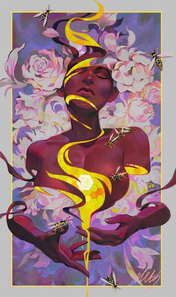 art of a person coming apart and bees